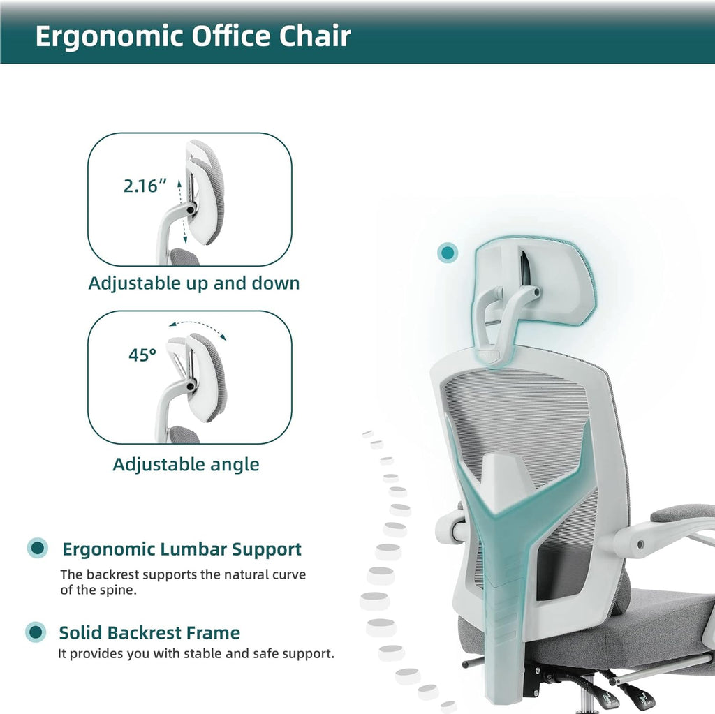 DUMOS Office Desk Computer Chair with Footrest, Ergonomic Mesh Swivel Gaming Chair with Rolling Wheels, Comfortable Headrest, Lumbar Support, Comfy for Home, Office, Task, Student, Elegant Grey