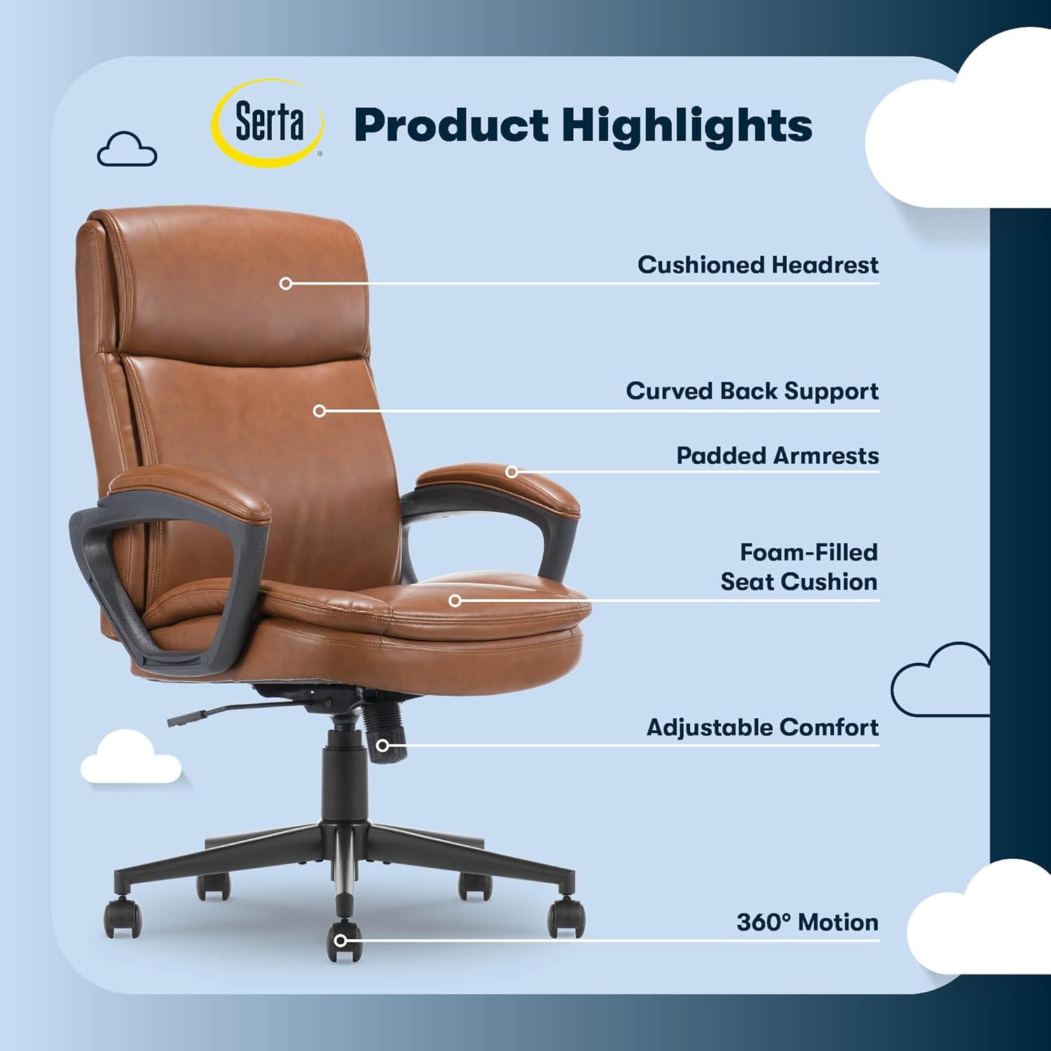 Serta Comfort Ergo Executive Office Chair, Ergonomic Mid-Back Design with Lumbar Support, Semi-Plush Double-Layer Seat Cushion, Padded Armrests, Swivel Metal Base, Bonded Leather, Cognac