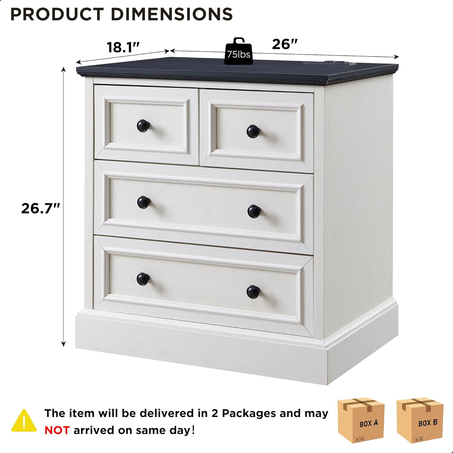 ACCOHOHO 26" W Nightstands Set of 2, Farmhouse End Table with 4 Drawers for Storage, Nightstand with Charging Station for Bedroom, Off White