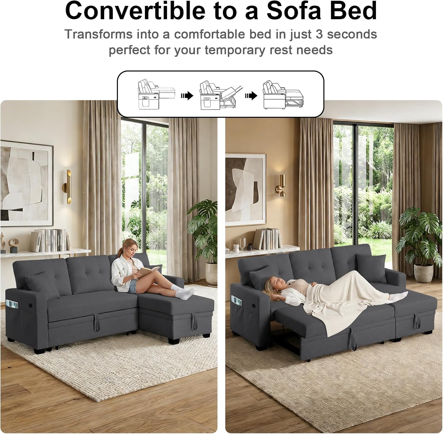 82" L Shaped Sleeper Sofa Bed: Sectional Sleeper Couch with Pull Out Bed, Storage Chaise, USB Charging, 3 Seat Sectional Sofa Bed for Living Room (Linen Fabric, Dark Grey)