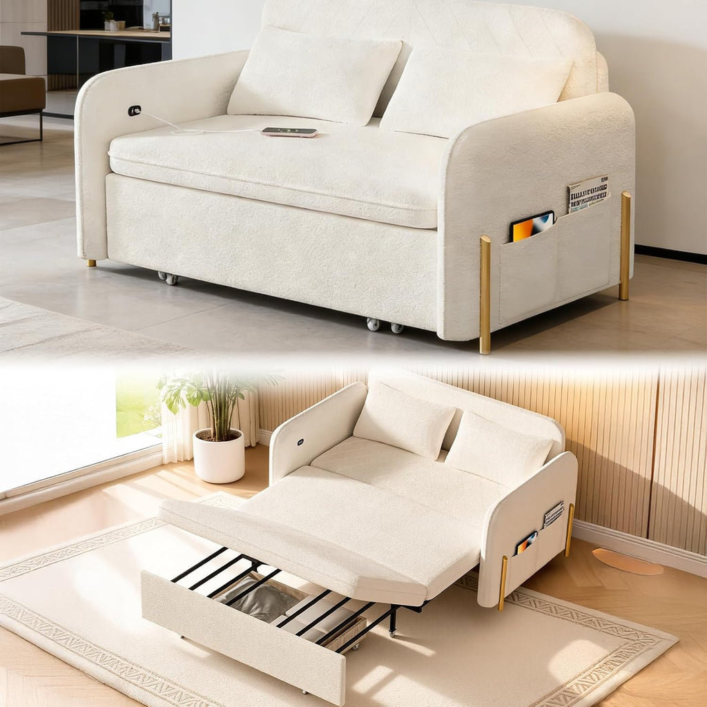 3-In-1 Convertible Sofa Bed with USB Ports, Pull Out Couch for Living Room Teddy Suede Fabric, Loveseat Sleeper Sofa with Side Pockets, 2 Pillows, Hide a Bed Couches for Small Spaces（US Fast Arrival）