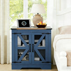 24" Farmhouse End Table Set of 2 with Charging Station and Mesh Barn Door, Rustic Wood Nightstand with Storage Shelf for Living Room & Bedroom, Navy Blue