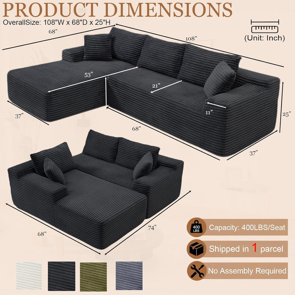 108" Cloud Sectional Couch, Modern Boneless Couch with L-Shape Chaise, Deep Seat Modular Sectional Sofa Corduroy Corner Couches for Living Room,No Assembly Required (Black, Left Facing Chaise)