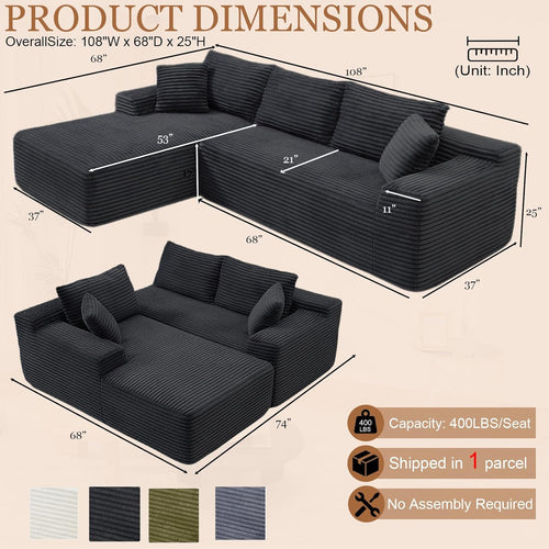 108" Cloud Sectional Couch, Modern Boneless Couch with L-Shape Chaise, Deep Seat Modular Sectional Sofa Corduroy Corner Couches for Living Room,No Assembly Required (Black, Left Facing Chaise)