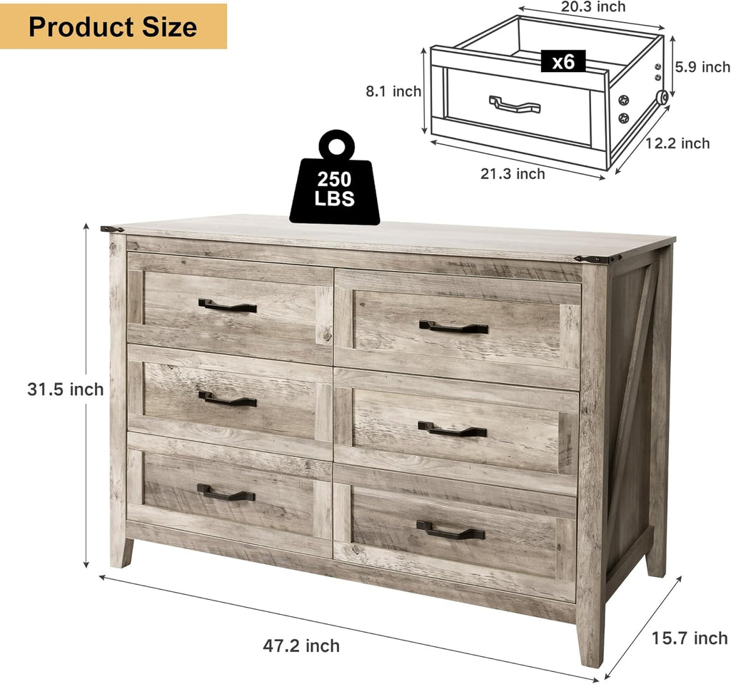 4PCS Farmhouse Dresser Set, Dresser and Nightstand Sets, Rustic Wooden Dresser Set. Including 6 Drawer Dresser & 4 Drawer Dresser & 2 Drawer Nightstand Set of 2 with USB. Light Rustic Oak