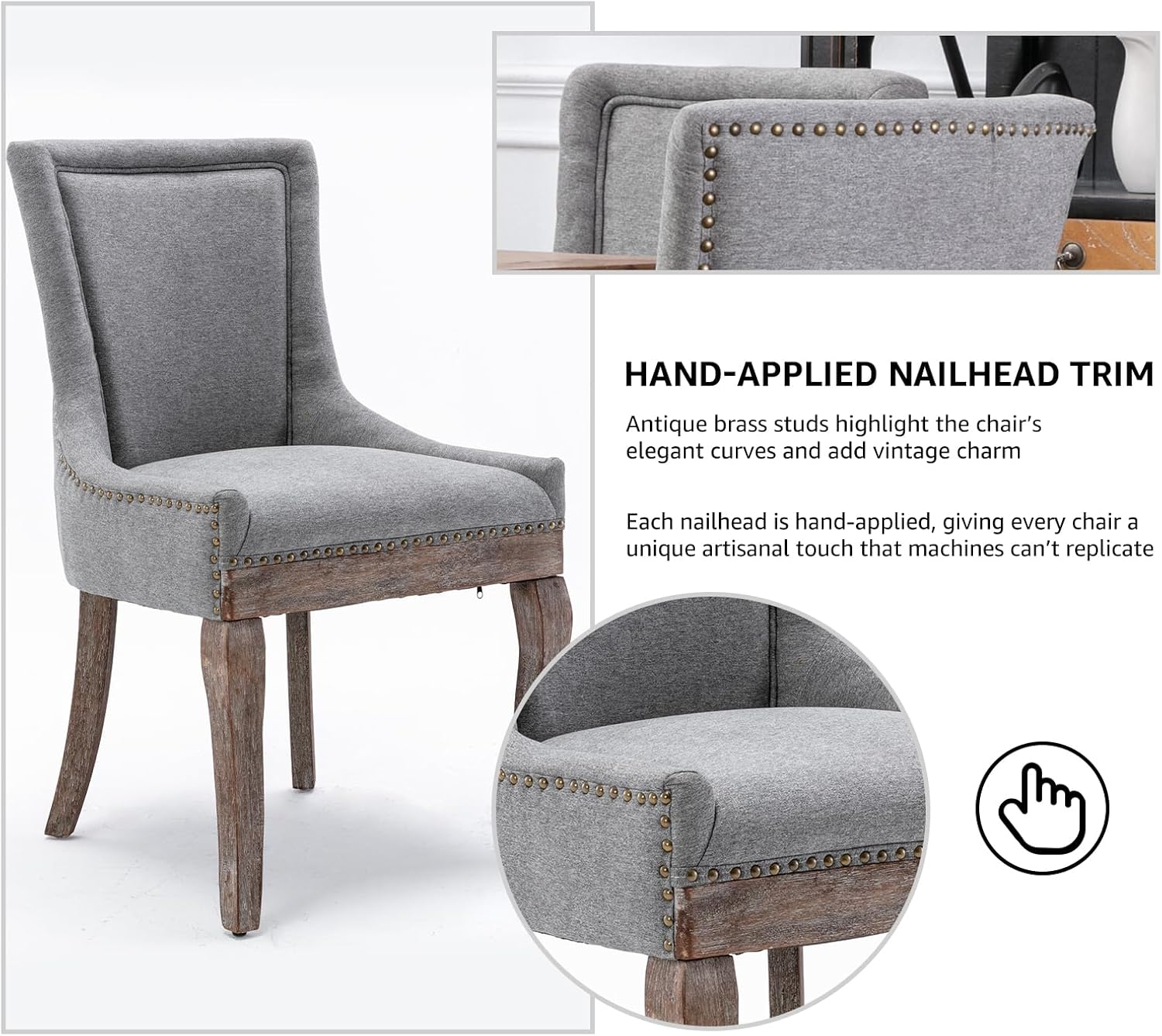 Modern Dining Chairs Set of 6, Fabric Upholstered High Back Chairs with Nailhead Trim and Curved Solid Wood Legs, Sillas de Comedor Accent Chairs for Dining Room, Gray