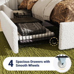 Allewie King Size Bed Frame with 4 Oversized Storage Drawers, Soft Teddy Fabric, Boucle Upholstered Platform Bed, Wooden Slats Support, Noise-Free, No Box Spring Needed, Easy Assembly, White