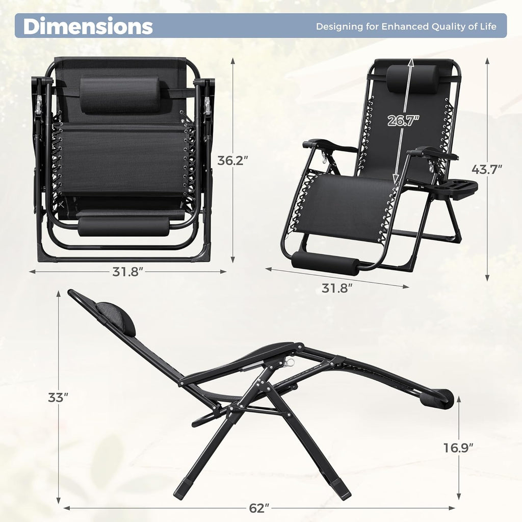 Homall Oversized Zero Gravity Chair, 32In Recliner Lounge Chair with Removable Soft Cushion and Cup Holder, Adjustable Anti Gravity Chair Folding Patio Chairs Padded for Indoor and Outdoor (Black)