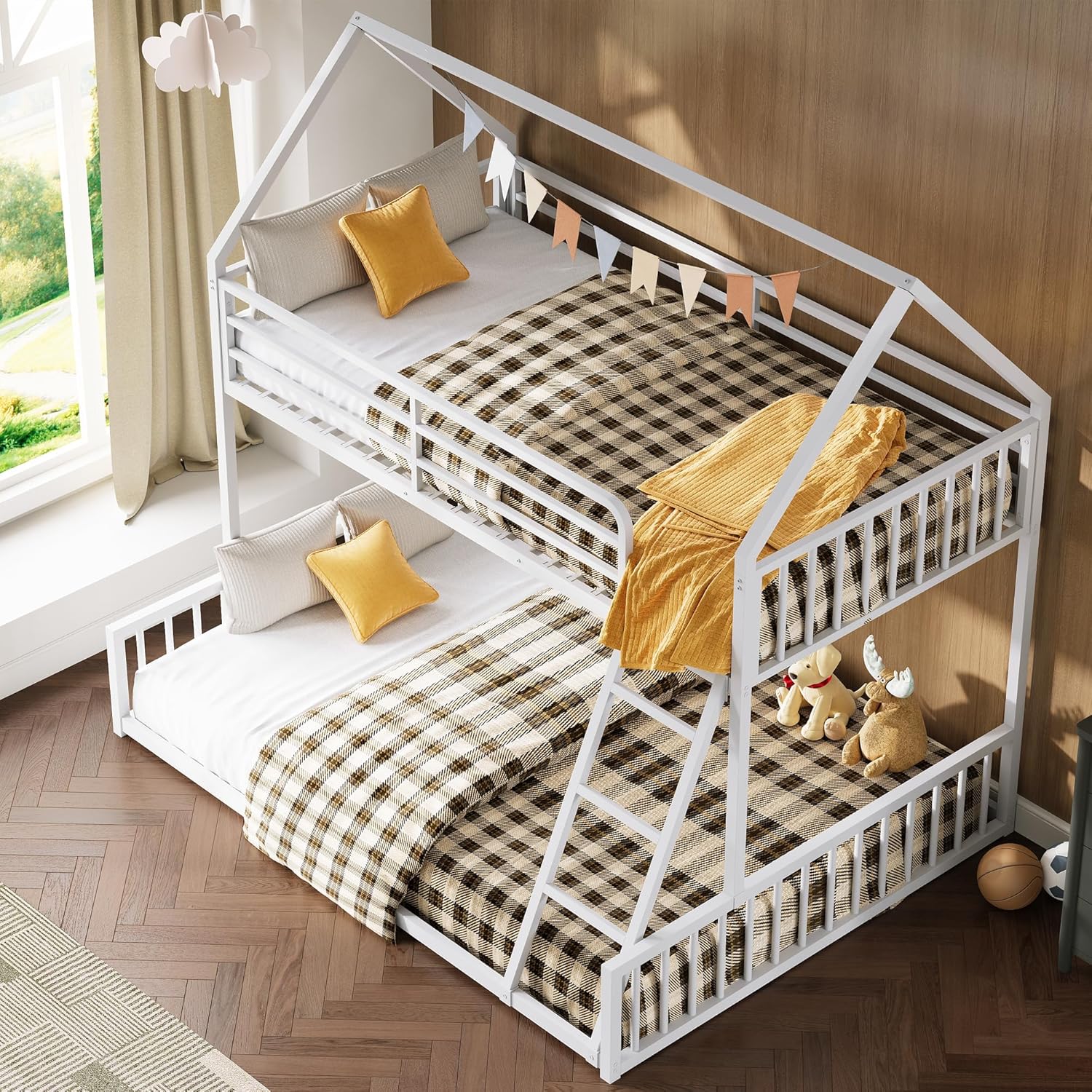 LIKIMIO Bunk Bed Twin Over Full Size, House Bunk Bed Frame with Ladder and Guardrail, House Shaped with Metal Slats Support No Box Spring Needed Space Saving for Bedroom and Dorm, White
