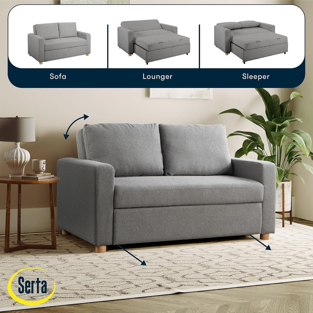 Serta Tulsa 66.1" Convertible Sleeper Loveseat, Full Size, Dreamcoil Comfort, FingerGuard Pinch Point Protection, Boucle Fabric, Grey