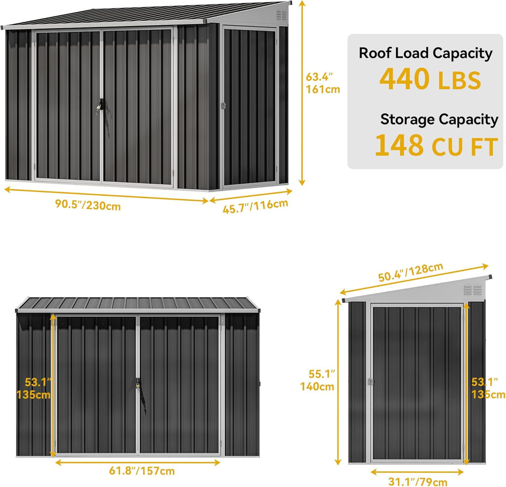 DWVO 8x4 FT Outdoor Weatherproof Storage Shed  Secure Metal Bike Shed w/Lockable Entry  Garden Storage Solution for Lawn Equipment  Tools  Waste Bin  Dark Gray