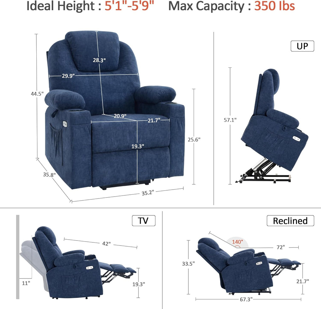 MCombo Power Lift Recliner Chair for Elderly, Lift Chair with Heat and Massage, USB&Type C Ports, Extended Footrest, Cup Holders, Fabric 7040 (Medium, Admiral)