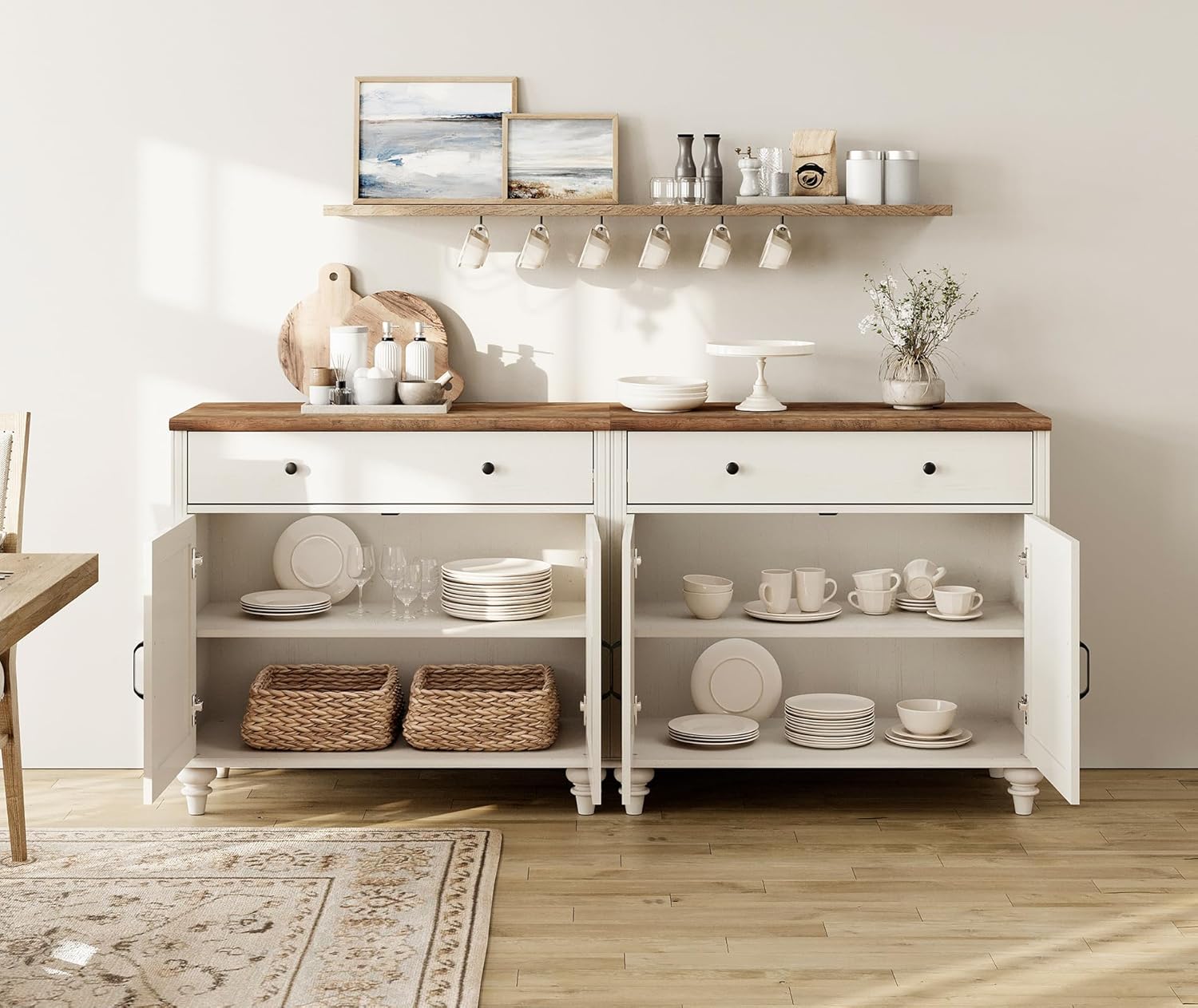 WAMAPT Buffet Cabinet with 8 Doors and 4 Drawers, Large Coffee Bar Table Wood Kitchen Storage Cabinets, Modern Farmhouse Sideboard Credenza for Dining Room, Off White, 136 inch
