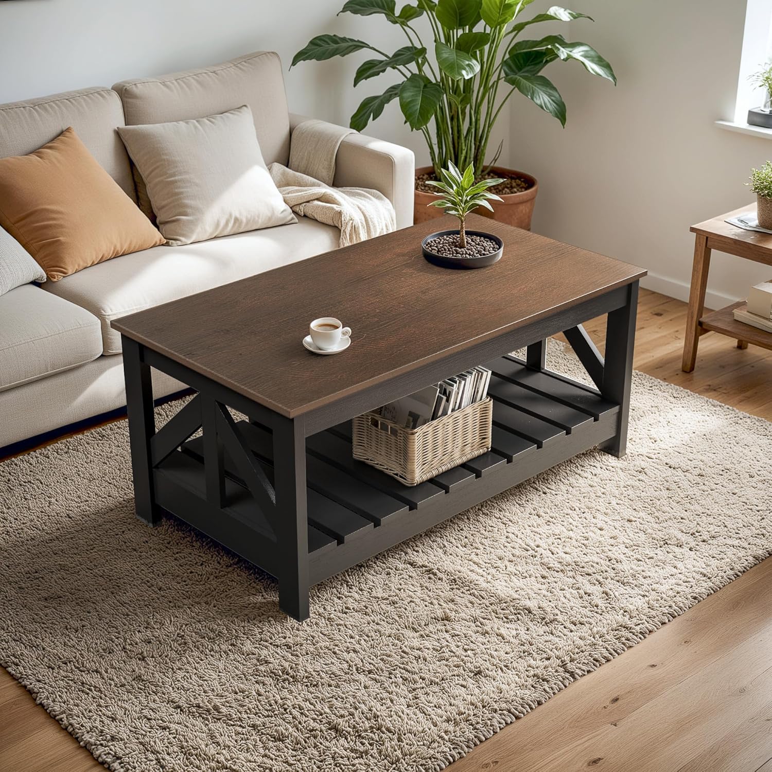 YESHOMY Farmhouse Coffee Table, Coffee Tables for Living Room, Farmhouse Square Coffee Table with Storage, Couch Table, Small Tables for Small Spaces, Brown and Black