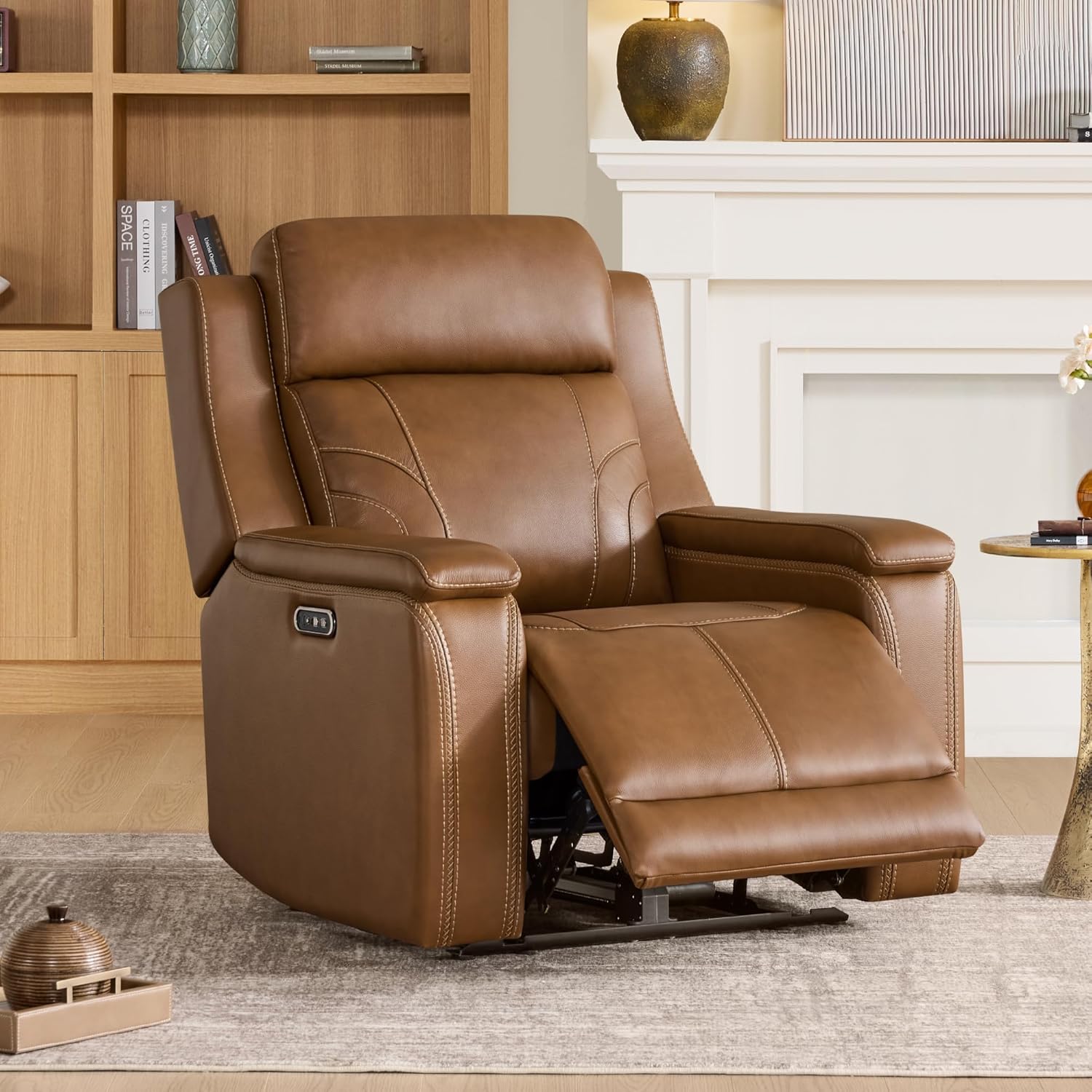 Watson & Whitely Oversized Lay Flat Recliner for Big and Tall, Genuine Leather Electric Recliner Chairs for Adults with Power Headrest & Chargers for Living Room, Saddle Brown