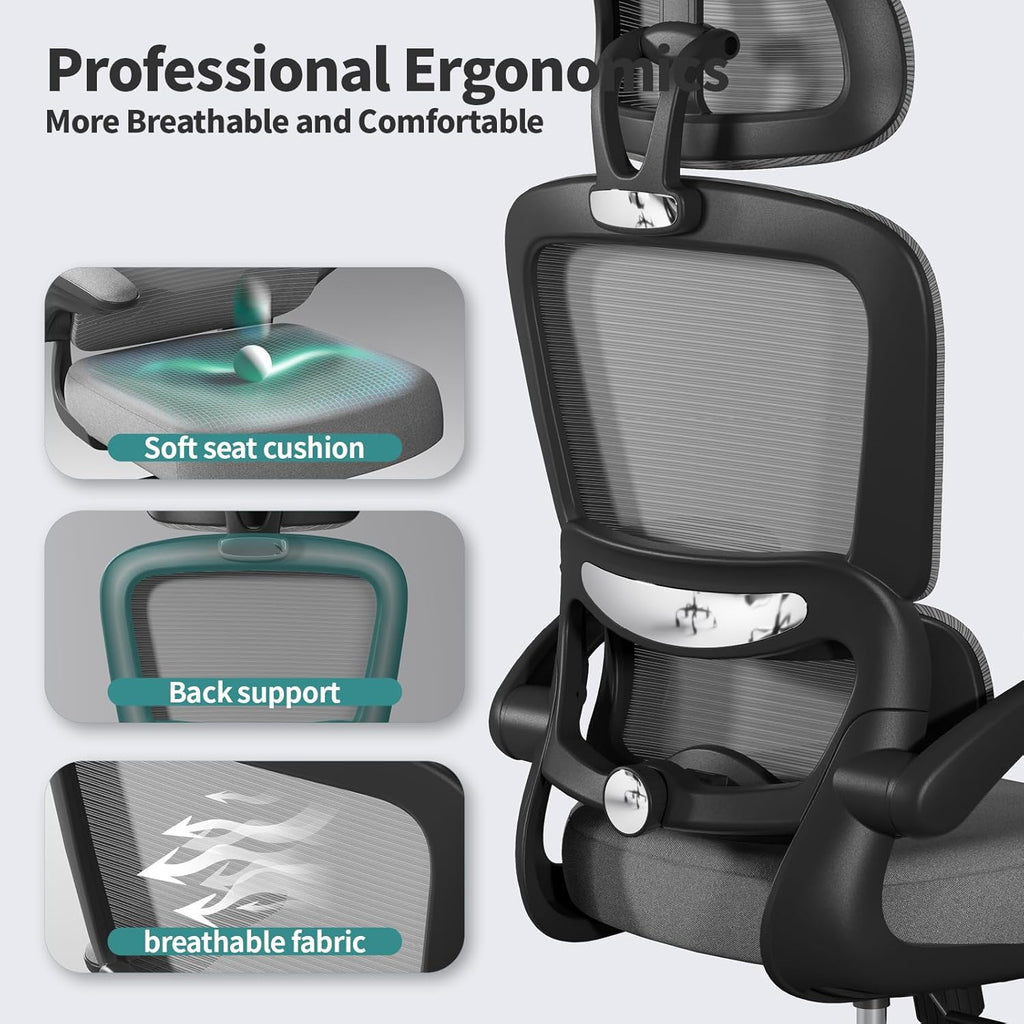 TRALT Office Chair Ergonomic Desk Chair, 330 LBS Home Mesh Office Desk Chairs with Wheels, Comfortable Gaming Chair, High Back Office Chair for Long Hours (Dark Grey)