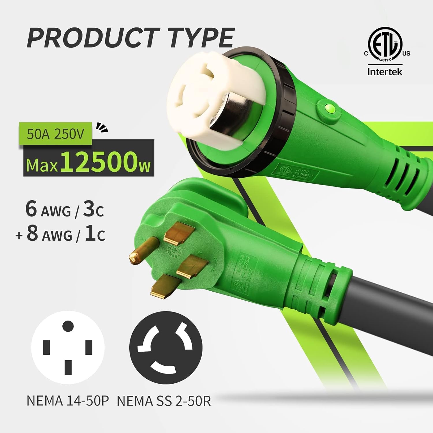 RVMATE 50 Amp 75 Feet RV/Generator Lockable Power Extension Cord  Easy Plug in Handle  14-50P to SS 2-50R with LED Indicator  ETL Listed