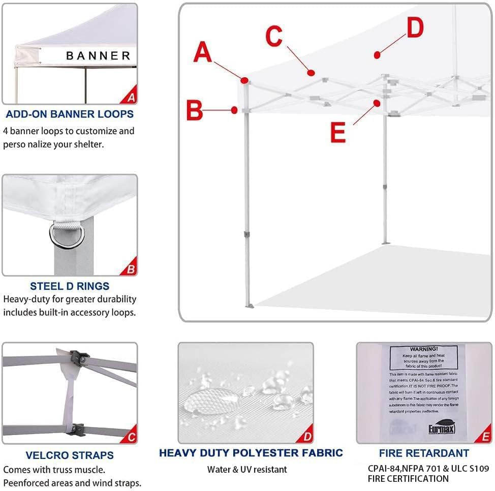Eurmax USA 10x20 Pop Up Canopy Replacement Top,Universal Instant Canopy Cover ONLY,Heavy Duty UPF 50+ UV Protection,Water & Wind Resistant Tarp,30+ Colors Available,Bonus 4 Sand Bags (White)