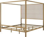Merax King Size Gold Metal Canopy Bed Frame, Modern Upholstered Linen Headboard with Tall Back Support, 800 lbs Weight Capacity, Luxurious 4-Poster Bedroom Furniture for Modern Home, Gold+Tan
