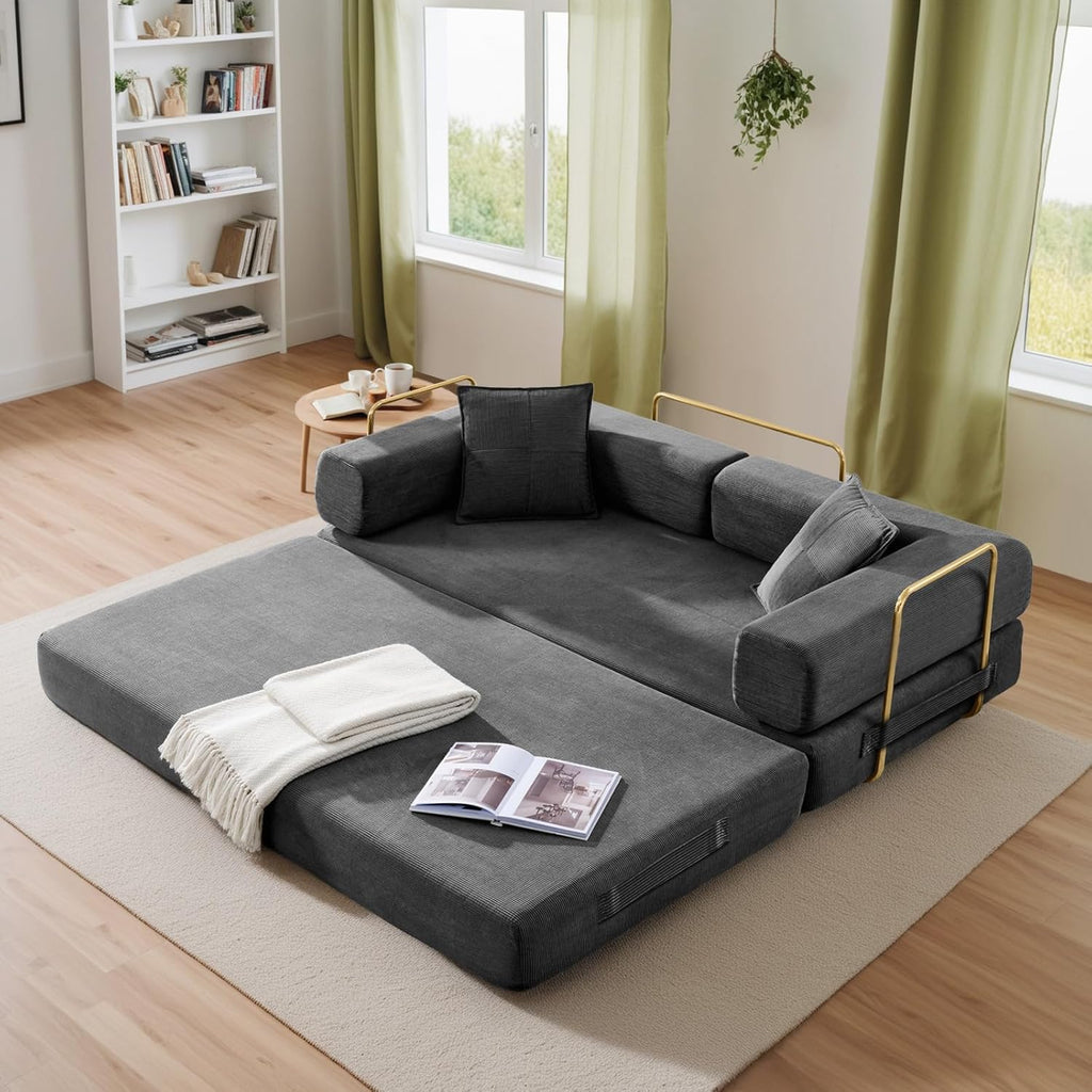 78" Convertible Futon Sofa Bed, 3-Seater Modern Corduroy Foam Floor King Size Bed Foldable Sleeper Lounge Loveseat Sofa Couch with 2 Throw Pillows for Living Room Bedroom Guest Room, Dark Grey