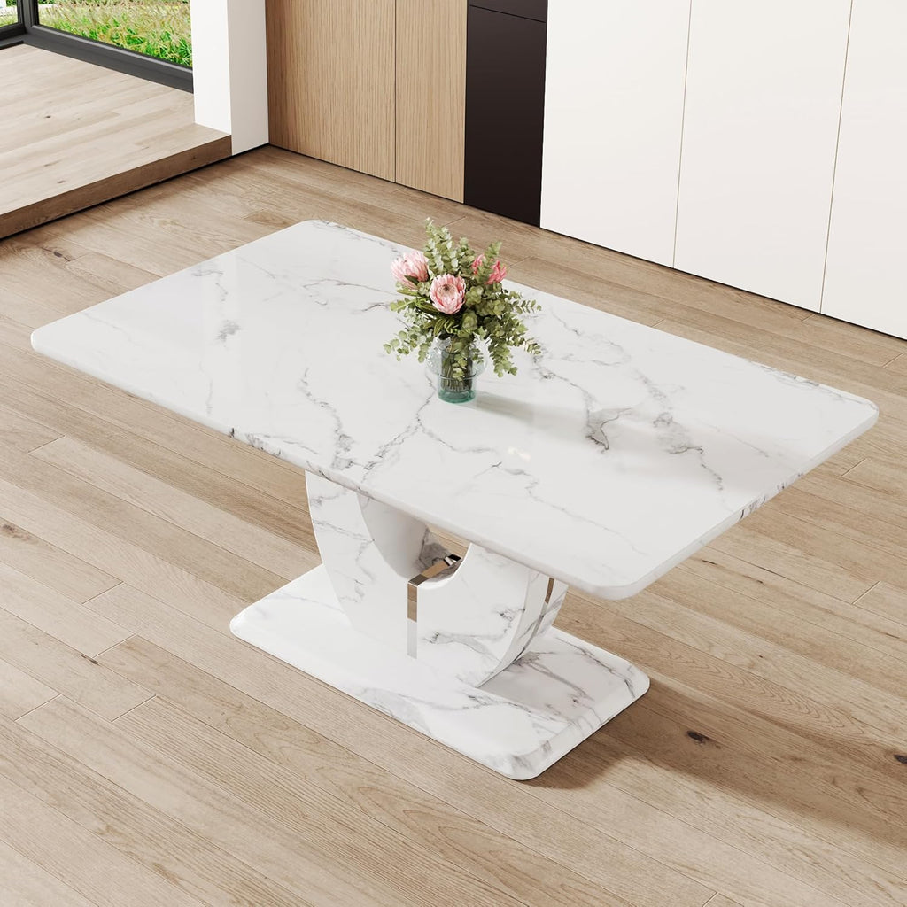 JUFU 63" Faux Marble Dining Table for 6, Modern Rectangular Kitchen & Dining Room Table, White Marble-Look MDF Top with U-Shaped Pedestal Base, Easy to Assemble