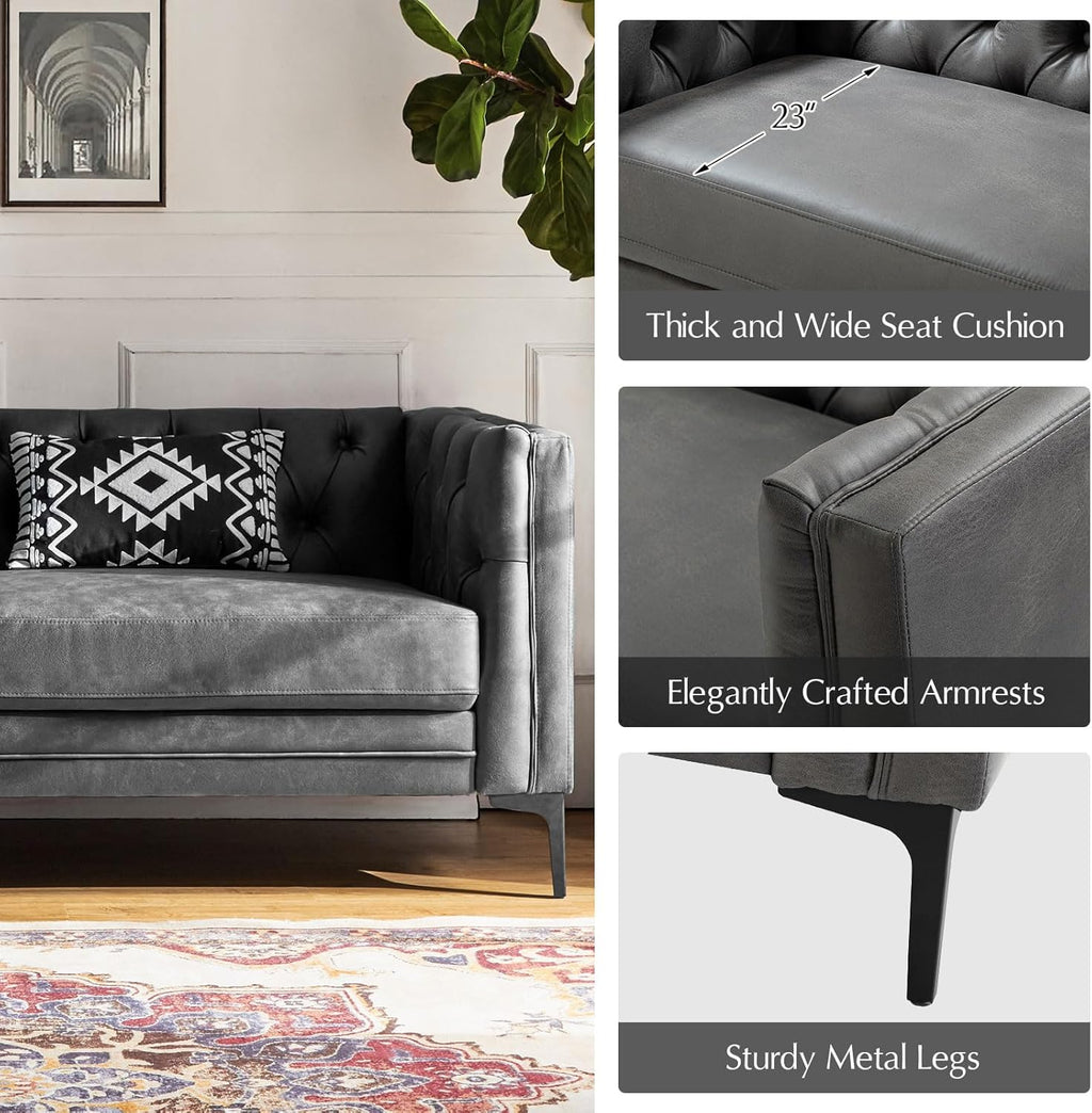 HULALA HOME 84" W Faux Leather Sofa Couch with Metal Legs, Button-Tufted 3-Seater Sofa, Mid Century Modern Contemporary Upholstered Couch for Living Room, Entertainment Area, Apartment,Grey