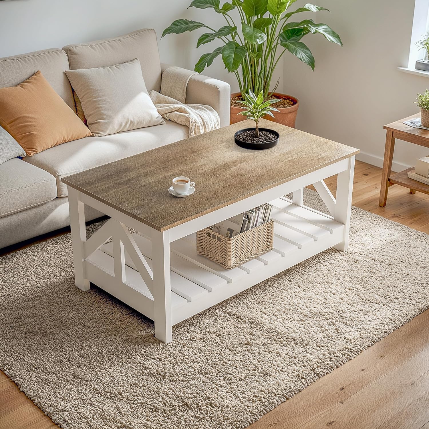 YESHOMY Farmhouse Coffee Table, Coffee Tables for Living Room, Farmhouse Square Coffee Table with Storage, Couch Table, Small Tables for Small Spaces, Gray & White