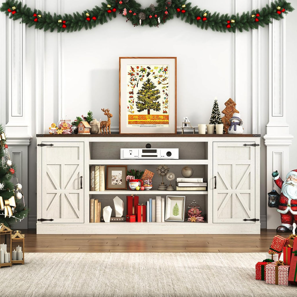 75" Farmhouse TV Stand with Power Outlets for 85 Inch TVs, 33" Tall Entertainment Center with Storage Cabinets w/Adjustable Shelves, Rustic Large TV Media Console, Rustic White