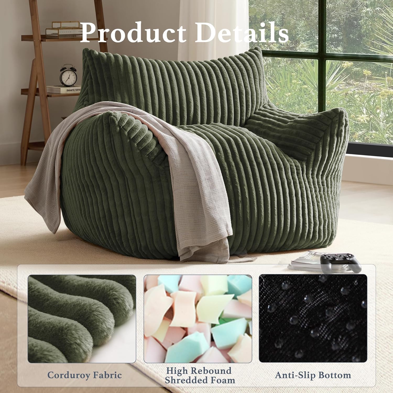 Gericco Giant Plush Bean Bag Chair for Adults with Armrests - Oversized Comfy Green Beanbag Lounge Lazy Floor Sofa Accent Chair for Living Room, Bedroom & Dorm, Cozy Fluffy Single Cloud Mini Couch
