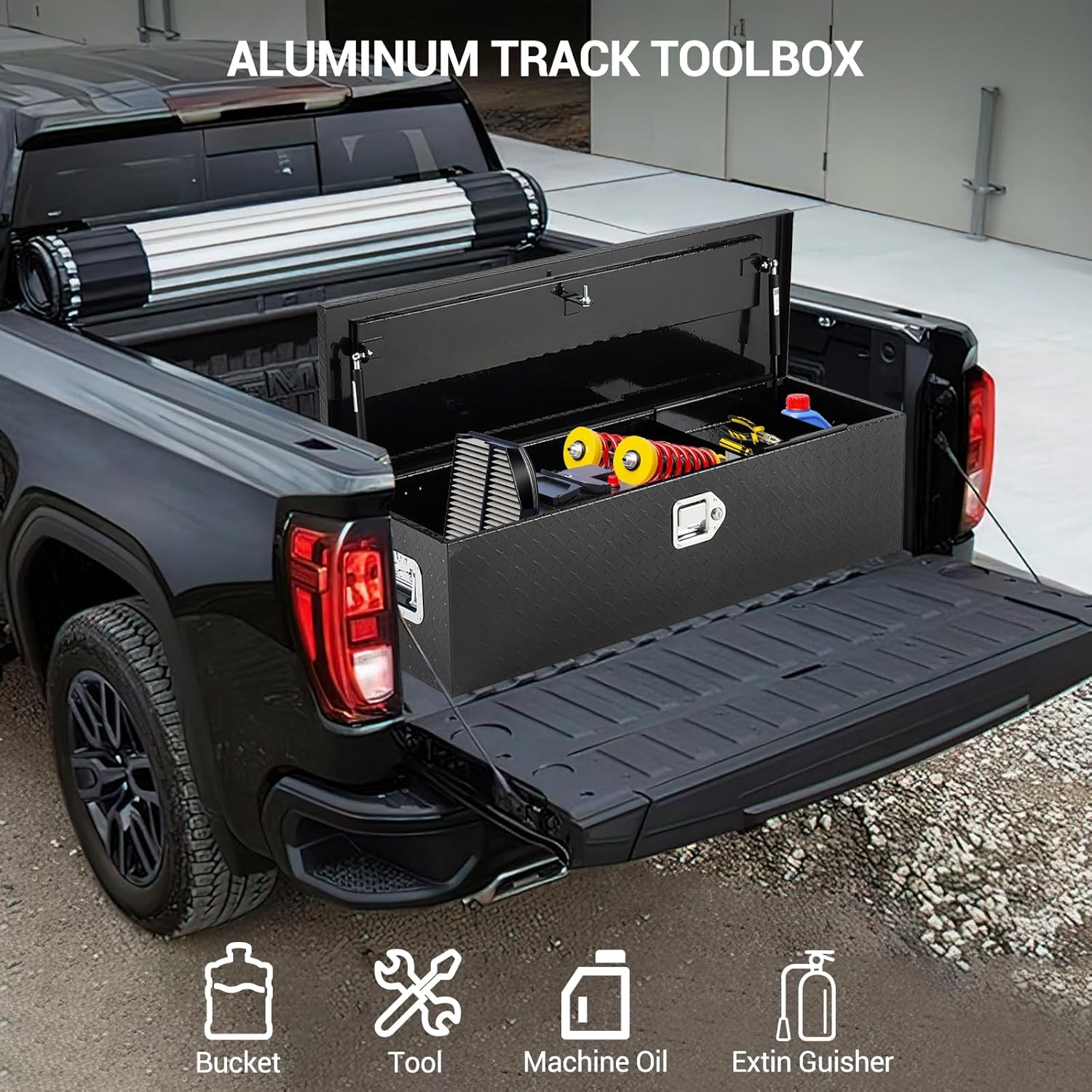 Heavy Duty Aluminum Truck Bed Tool Box 39"x13"x10" – Waterproof Diamond Plate Storage Chest, Lockable with Sliding Shelf & Stainless Handles, Durable Organizer for Pickup, Trailer, RV, Black