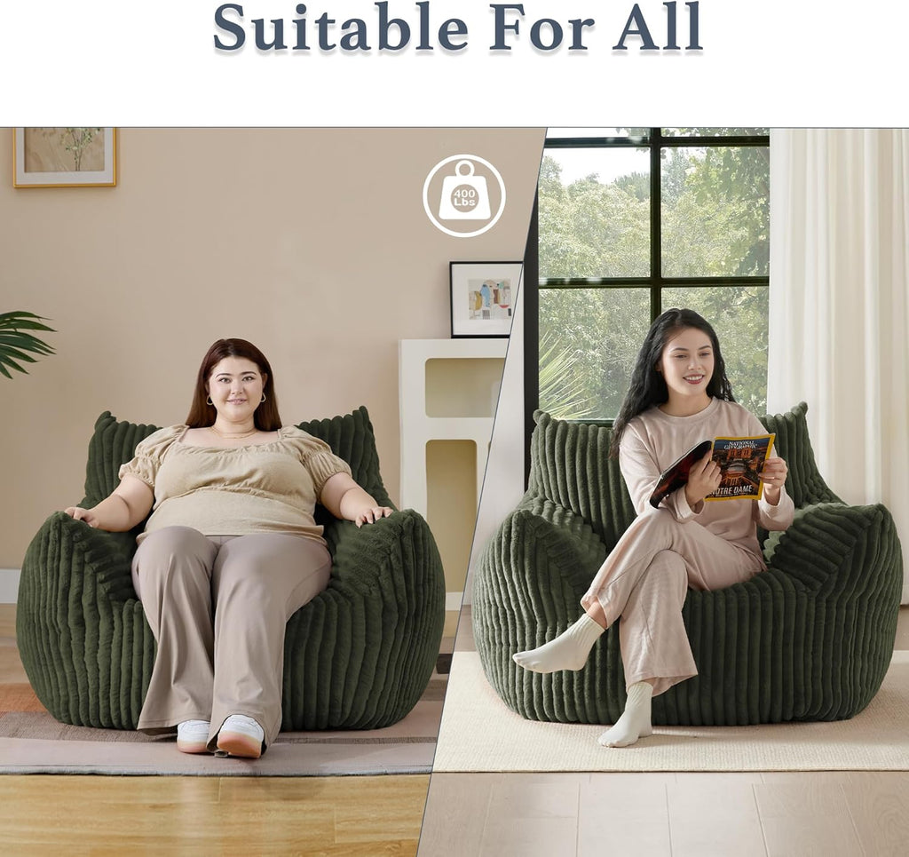 Gericco Giant Plush Bean Bag Chair for Adults with Armrests - Oversized Comfy Green Beanbag Lounge Lazy Floor Sofa Accent Chair for Living Room, Bedroom & Dorm, Cozy Fluffy Single Cloud Mini Couch