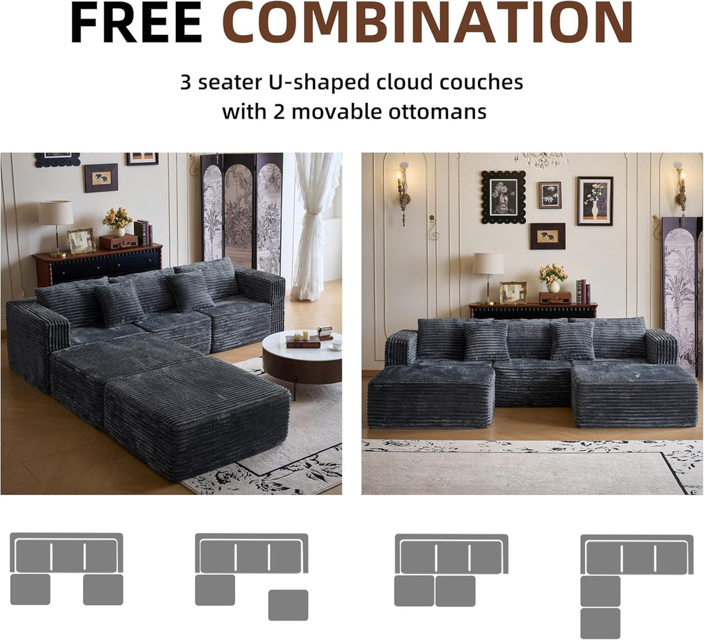 110" Modular Sectional Couch with 2 Movable Ottoman, Cloud Sofa Couches for Living Room, U Shaped Deep Seat Boneless Sofa,Luxury Corduroy Fabric, No Assembly Required Grey