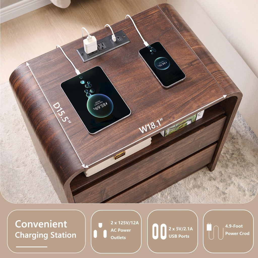 25" Tall Modern Nightstand Set of 2, 23.6'' Wide Wood Bedside Table w/2 Storage Drawers, Charging Station,Mid Century End Table for Bedroom, Living Room, Curved Profile Design, Brown