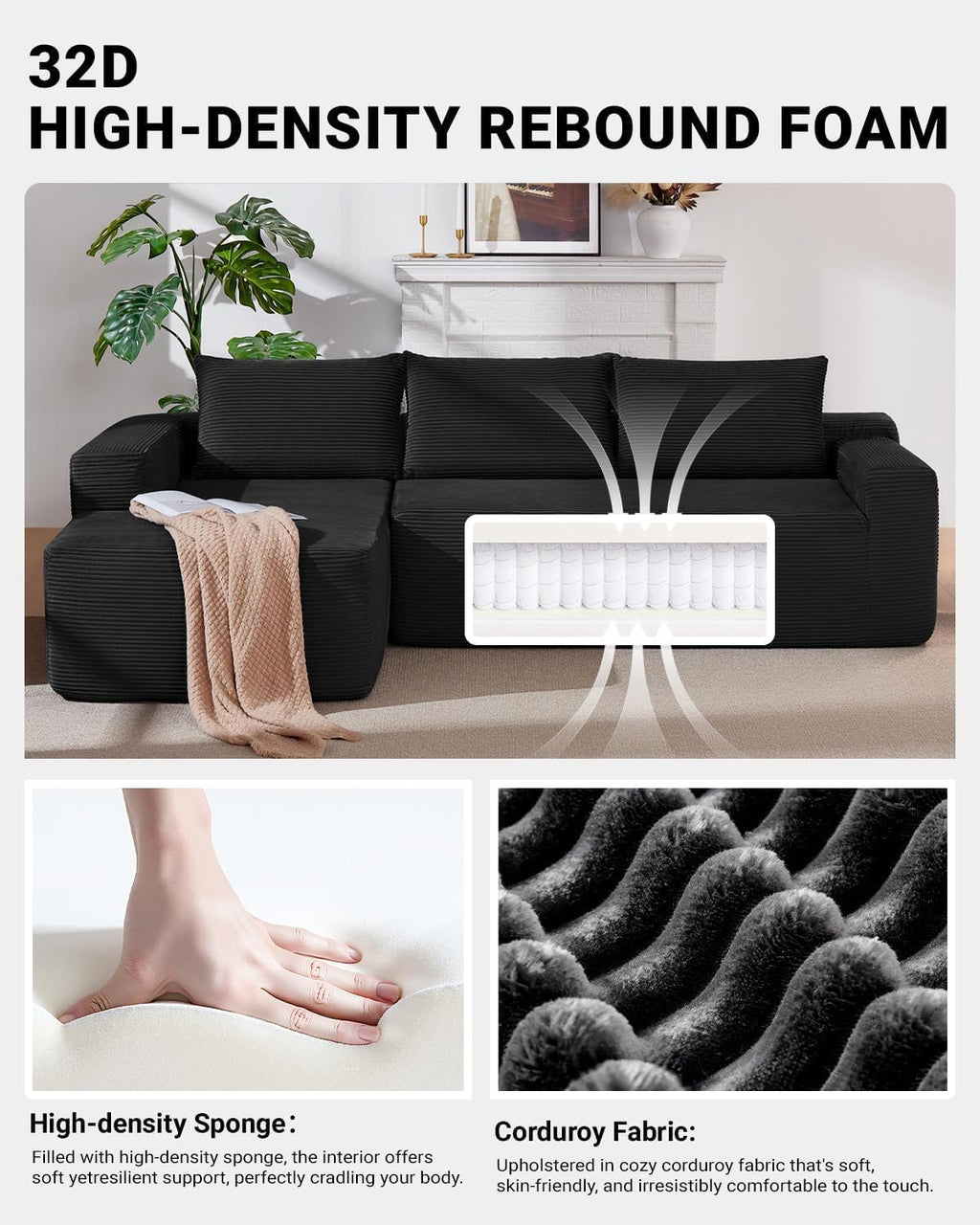 Cloud Couch Sectional, Modular L Shaped Boneless Sofa, Modern Corduroy Sectional Couch Comfy Deep Seat Cloud Sofa for Living Room, Bedroom, No Assembly (Black, Left Facing Chaise)