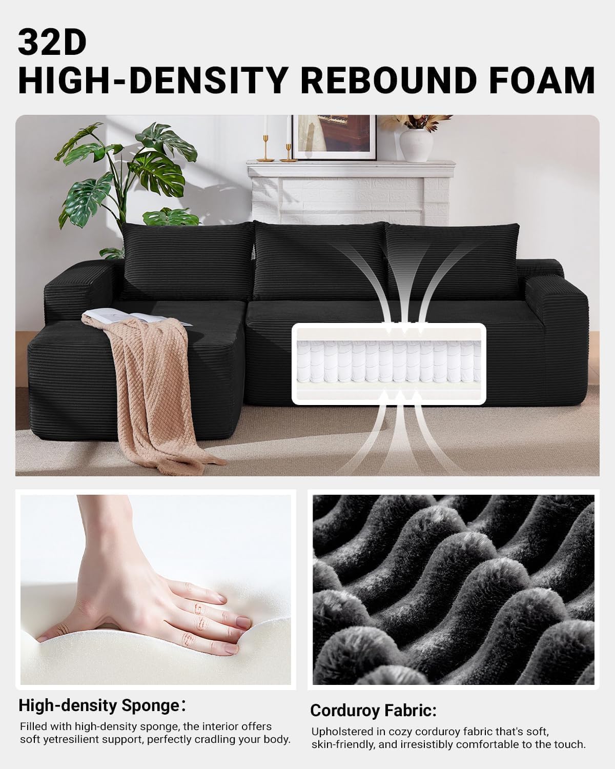 Cloud Couch Sectional, Modular L Shaped Boneless Sofa, Modern Corduroy Sectional Couch Comfy Deep Seat Cloud Sofa for Living Room, Bedroom, No Assembly (Black, Left Facing Chaise)