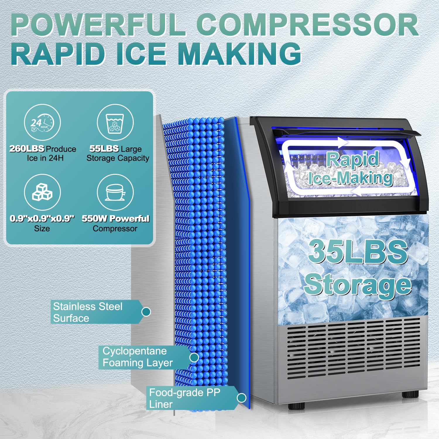 Commercial Ice Maker Machine 250 Lbs/24H, 35 Lbs Ice Bin, Undercounter Ice Maker Stainless Steel, 72 Ice Cubes/8-15 Min, Ice Machine with Water Line and Filter, Set Ice Thickness, 24H Timer, Bar, Café