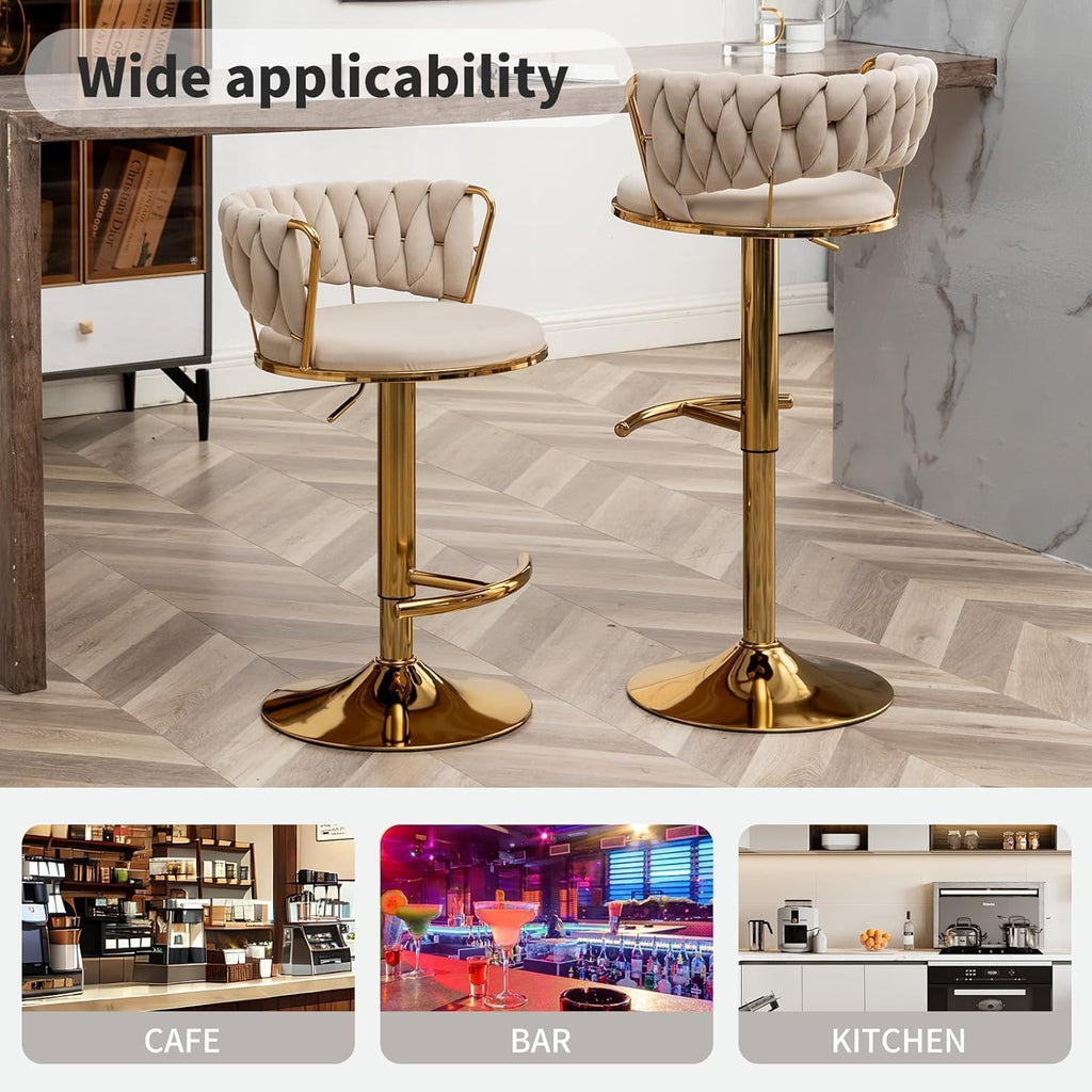 Gold Bar Stools Set of 3, Counter Height Bar Chairs with Low Back, Velvet Adjustable Height Barstools, 360° Swivel Bar Stools for Kitchen Island, Pub (Beige)