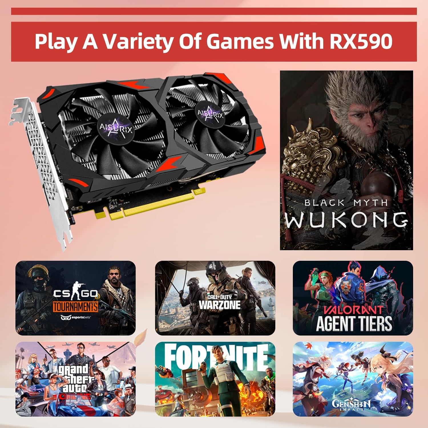 AISURIX RX 590 Graphics Card, Real 8GB, GDDR5, 256 Bit, RX 580 2304SP Pc Gaming Video Card, 2XDP, HDMI, PCI Express 3.0 with Freeze Fans Graphics Card for Gaming pc