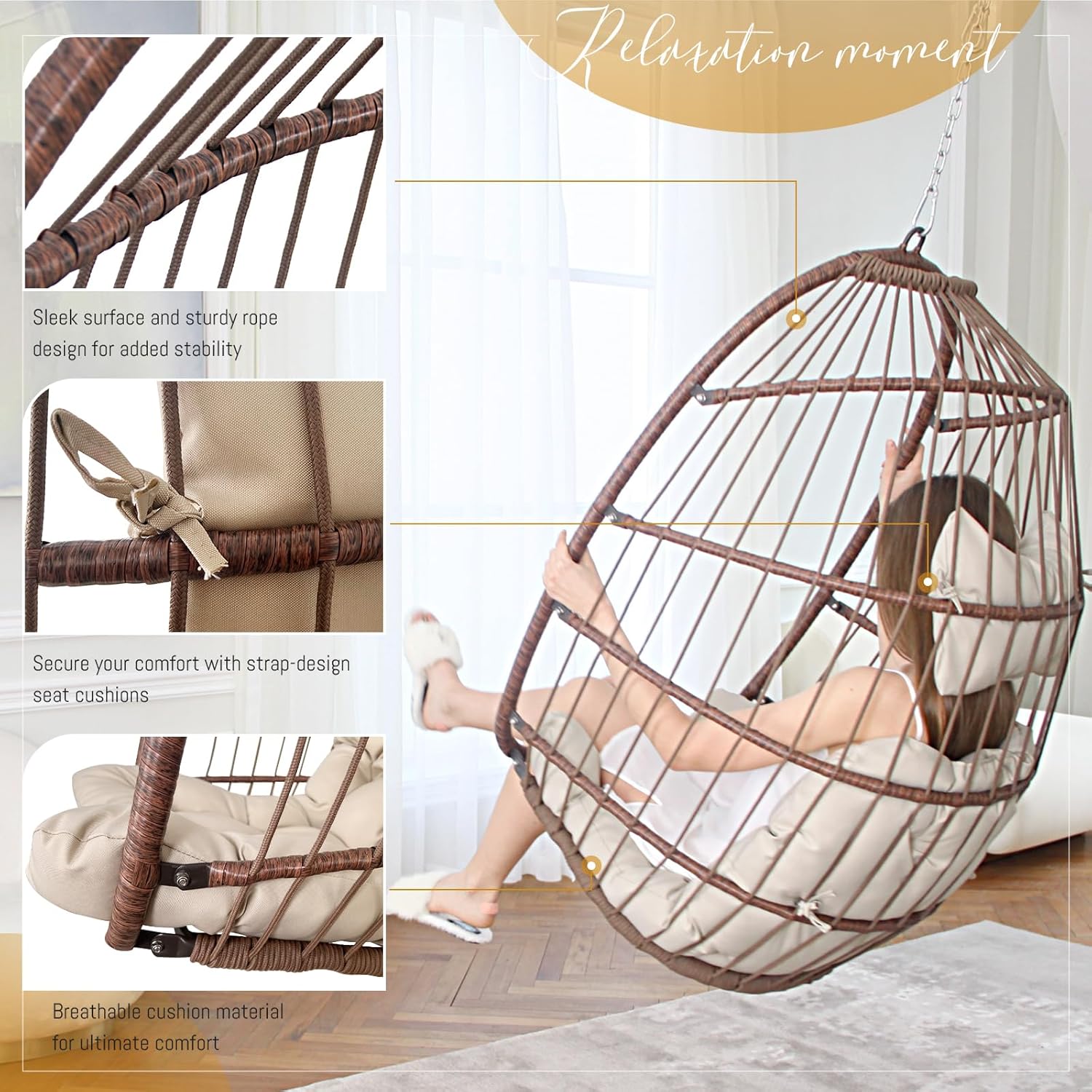 BULEXYARD Heavy-Duty Egg Swing Chair Without Stand, 350 Lbs Foldable Rattan Hanging Hammock with Cushion, All-Weather Basket Seat for Outdoor Patio Bedroom Pergola Tree or Ceiling Mount, Brown Tan
