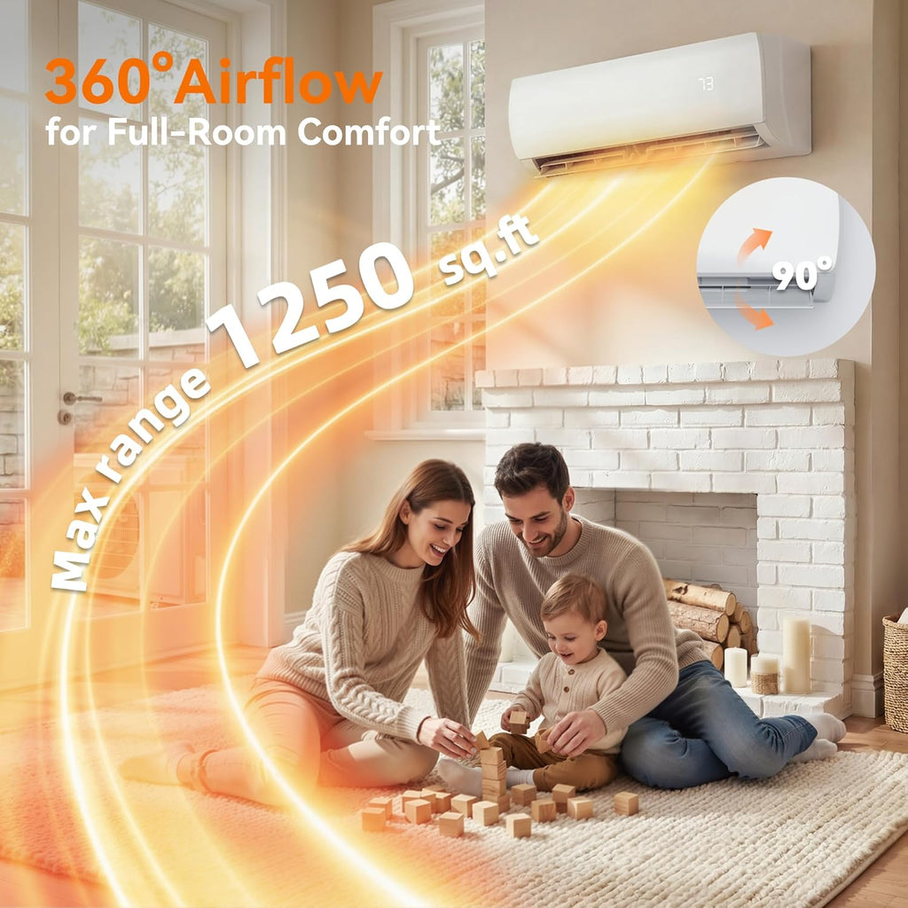 18000 BTU Mini Split AC/Heating System, 19 SEER2 230V Inverter Air Conditioner with 1 Ton Heat pump, Complete Installation Kit Included, Covers Up to 1250 Sq.Ft
