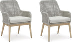 Signature Design by Ashley Seton Creek Cottage Nuvella Weather Resistant Fabric Outdoor Dining Arm Chair with Cushion, Set of 2, Light Brown & Light Gray