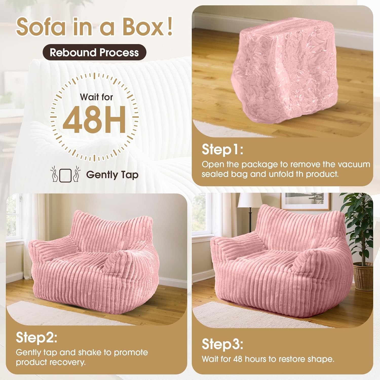 Giant Bean Bag Chair, Oversized Plush Comfy Bean Bag Sofa for Adults and Kids with Armrests, Memory Foam Mini Couch Single Lounges for Living Room, Bedroom & Game Room(Pink)