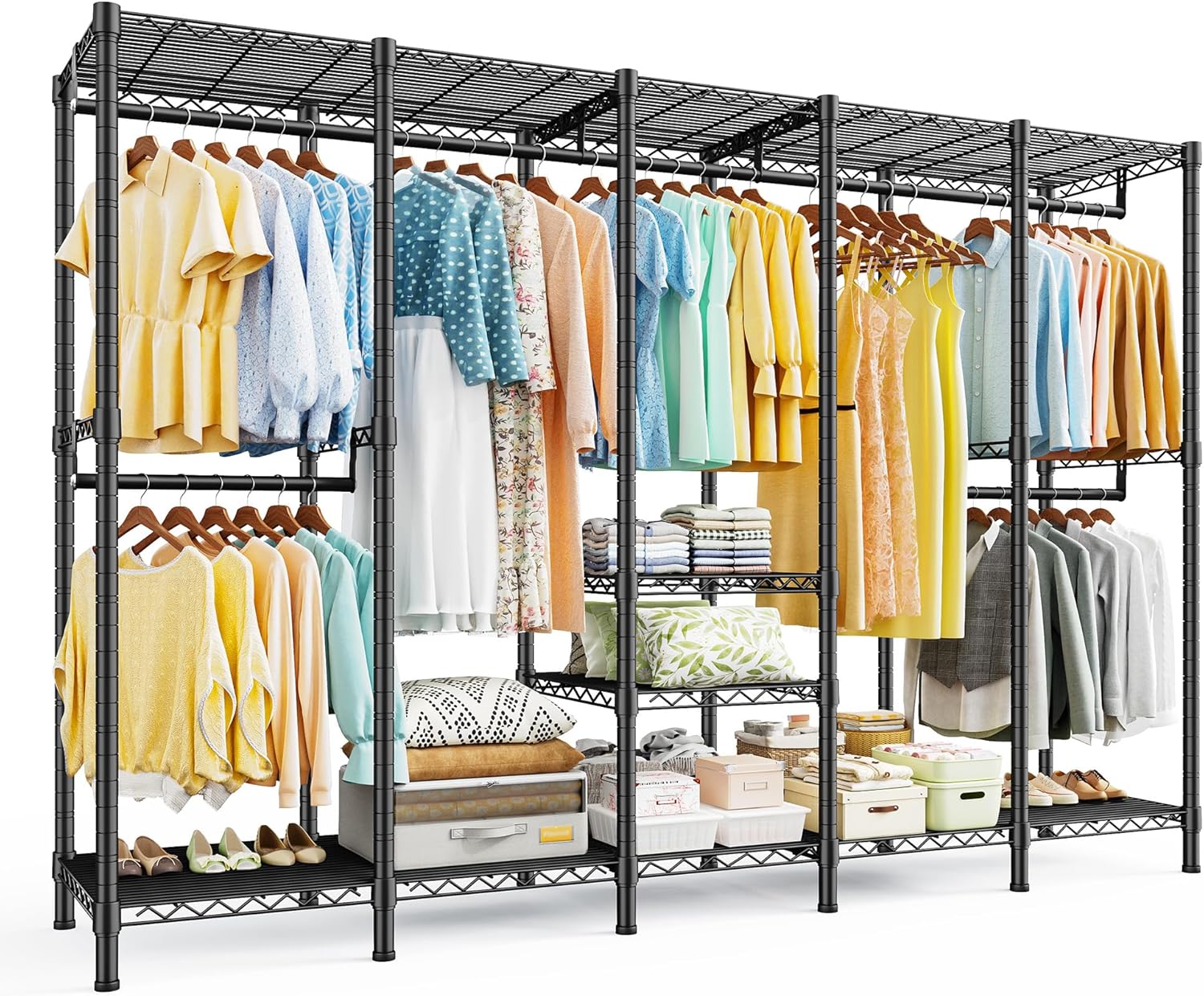 Raybee 88.2" W Clothes Rack Heavy Duty Clothing Racks for Hanging Clothes Extra Wide Portable Closet Loads 1200LBS Freestanding Garment Rack for Bedroom 88.2" W x 75.6" H x 15.7" D, Black