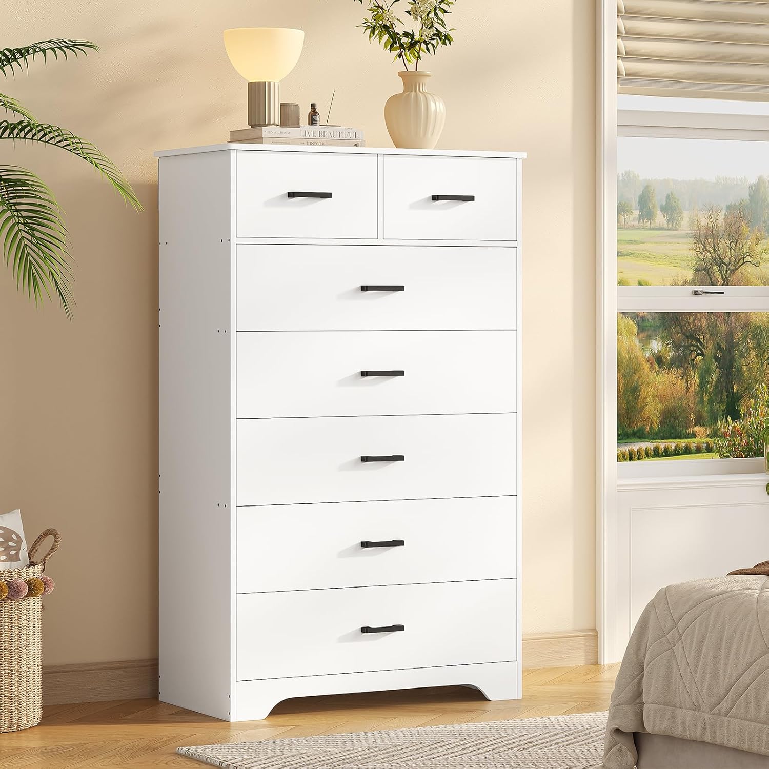 DICTAC White Dresser for Bedroom with 7 Drawers, 55.7" Tall Dressers Chest of Drawers, Modern Large Wood Storage Dresser Organizer with Metal Handle, Vertical Dressers for Bedroom Living Room Nursery
