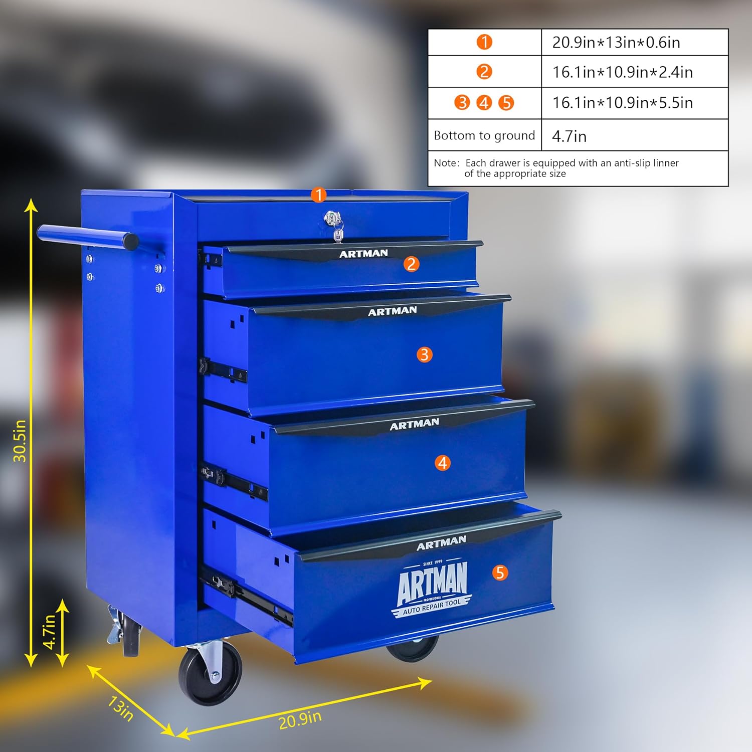 RYH 4 Drawers Rolling Tool Chest - 13" D x 20.9" W x 30.5" H Heavy Duty Mobile Tool Cart with Locking Wheels & Ball Bearing Drawers, Garage Tool Storage Cabinet (Blue, 4 Drawers)