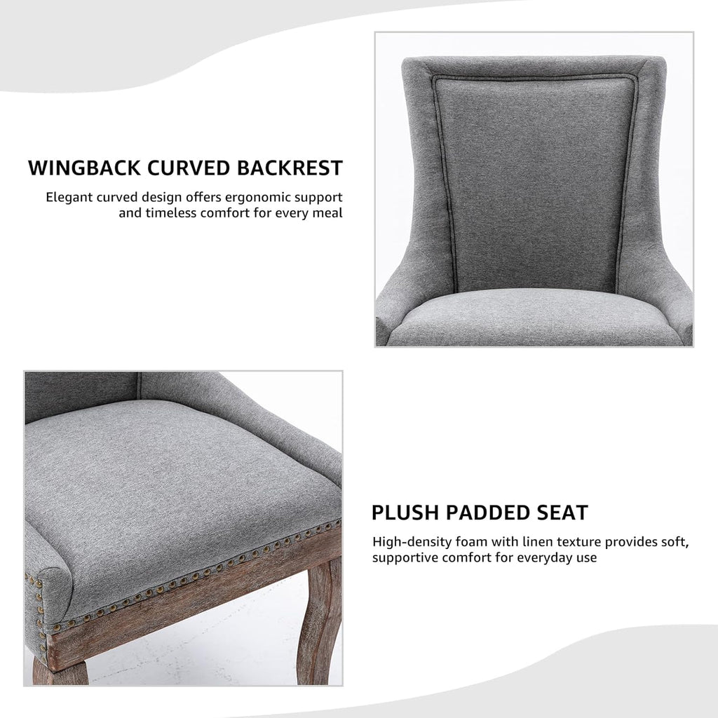 Modern Dining Chairs Set of 6, Fabric Upholstered High Back Chairs with Nailhead Trim and Curved Solid Wood Legs, Sillas de Comedor Accent Chairs for Dining Room, Gray