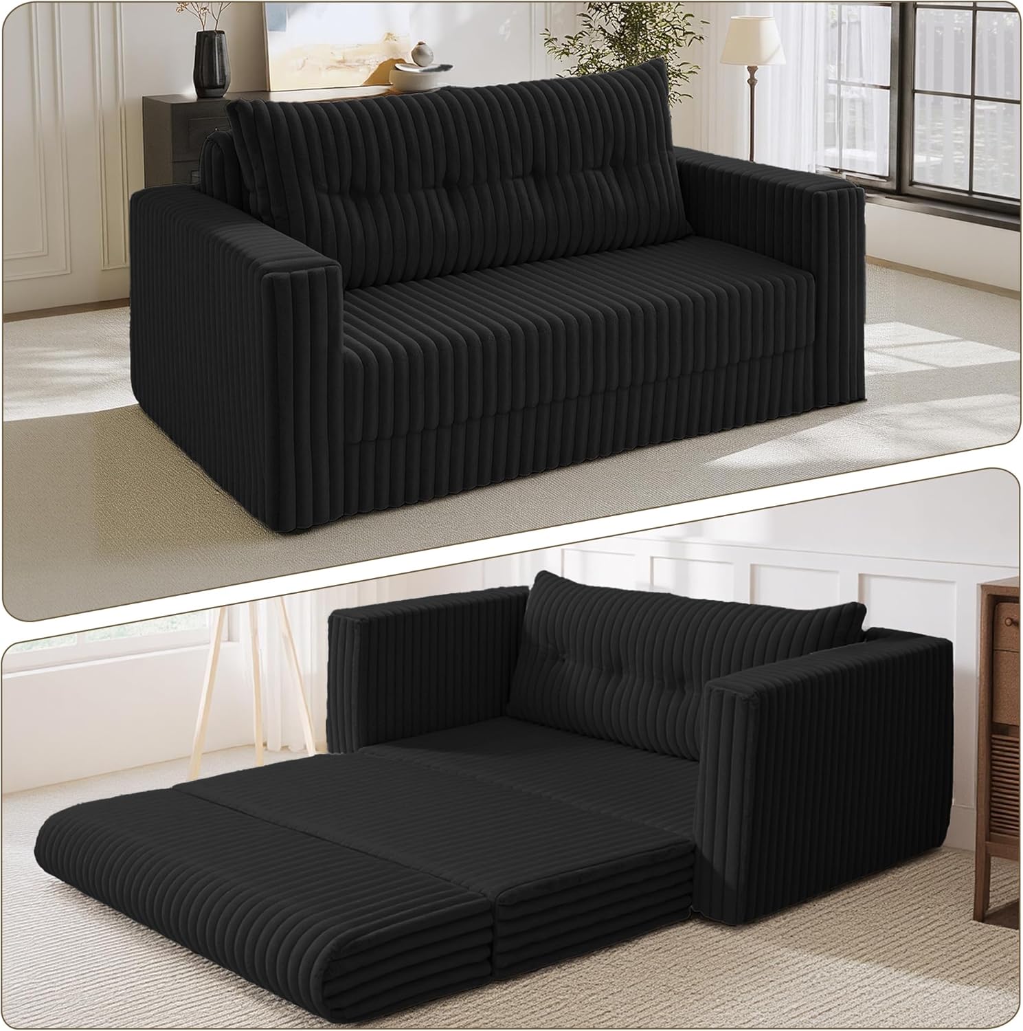 HABUTWAY Folding Sofa Bed, 2 in 1 Convertible Sleeper Chair with Pillow, Portable Fold Out Chair Bed with Armrest, Comfy Floor Couch, Lazy Sofa for Living Room Bedroom Dorm Home Office, Black
