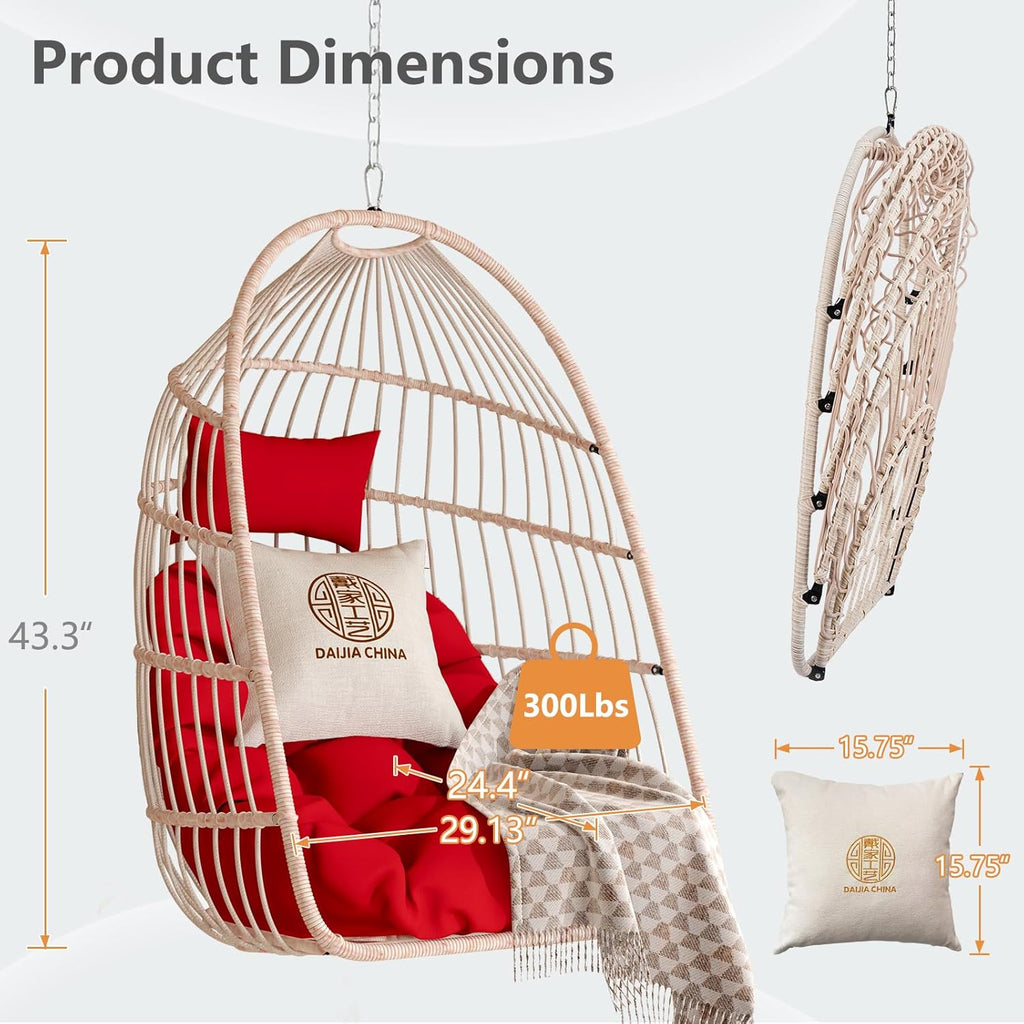 Hanging Egg Chair with Pillow, HDPE Rattan Foldable Swing Chair with Aluminum Frame & UV Resistant Cushion, Hammock Egg Basket Without Stand for Indoor Outdoor, 350Lbs Capacity (Red Cushion)
