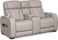 Signature Design by Ashley Boyington Contemporary Leather Match Power Reclining Loveseat with Console and USB Charging Ports, LED Lights and Adjustable Headrest, Light Gray