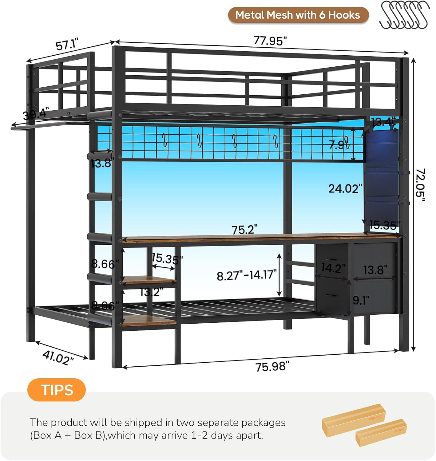 DICTAC Full Over Twin Bunk Bed with Desk and Charging Station Metal Full Over Twin Size Bunk Bed with Led Lights,Storage Shelves and Drawers,Bunk Beds for Teen/Adult with Safety Guard & Stairs,Black